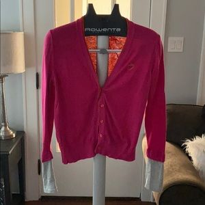 Cardigan - size Large. Purple/orange/gray